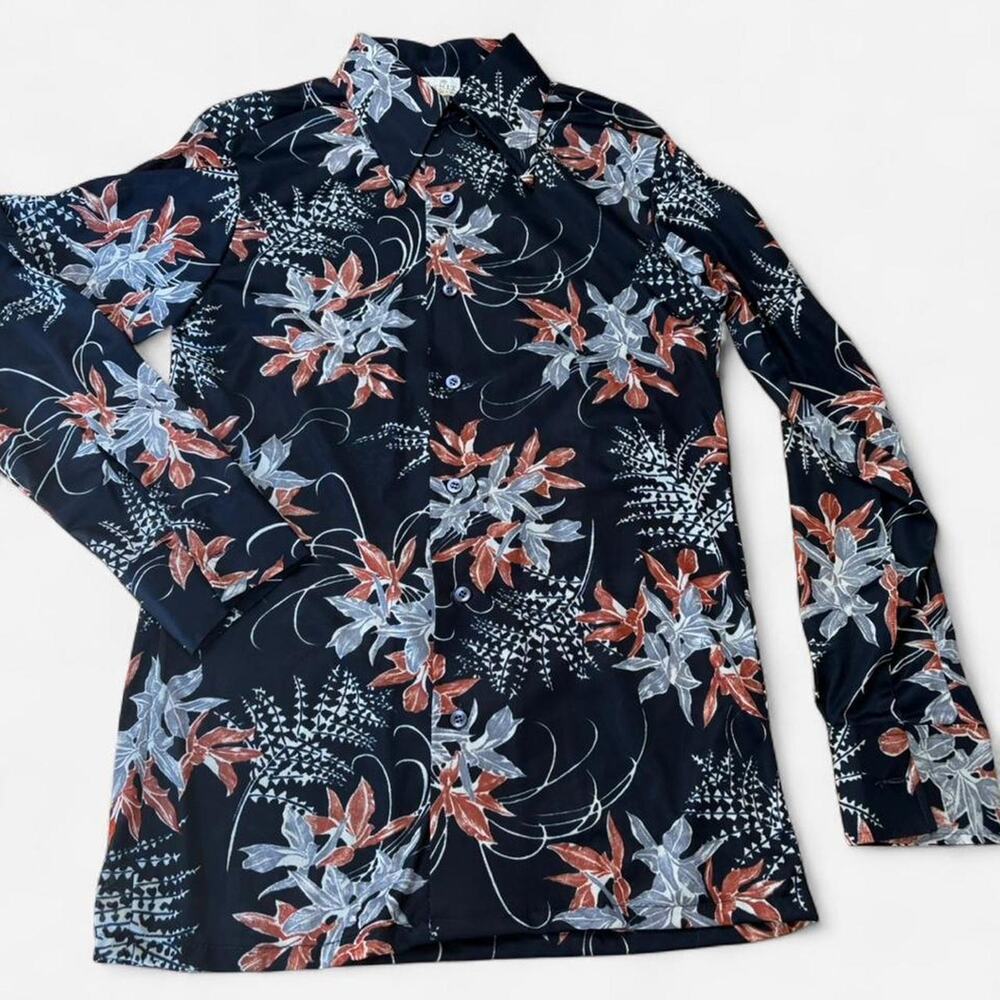 Vintage black floral long sleeve top with button up front and butterfly collar